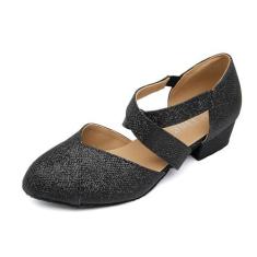 Imagem de YYTing Tênis de dança de salão feminino Swing Latin (bico fechado, sola de camurça, fecho elástico) salto de 3,8 cm YT26, Preto brilhante, 36