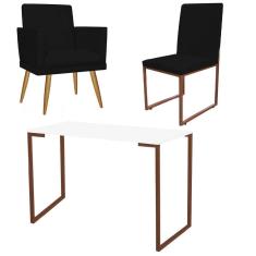 Imagem de Kit Escritório Stan Poltrona Rodapé com Cadeira e Mesa Industrial Branco Bronze Tecido Sintético Preto - Ahz Móveis