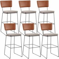 Imagem de Kit 06 Banquetas Altas Cozinha Sala Jantar Fixa Allana L02 Couríssimo Camel Linho Bege - Lyam Decor
