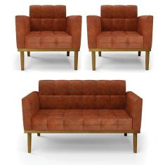 Imagem de Sofá Namoradeira E 2 Poltronas Base Madeira Castanho Elisa Corano D03 - D`rossi Cor Nozes