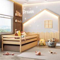 Imagem de Conjunto Bicama Solteiro Infantil Prime com Grade de Proteção e Moldura em Led Dream Decor Casatema Natural