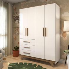 Imagem de Guarda Roupa Infantil 4 Portas 3 Gavetas em MDF Kakau Retrô Móveis Peroba Branco Brilho/Carvalho Branco/Carvalho