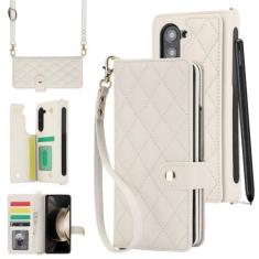 Imagem de Capa de couro crossbody com slot para caneta para Samsung Galaxy Z Fold 5 4 Fold5 Fold4 Fold3 Alça de pulso Capa carteira para cartão, branca, para Galaxy Z Fold4