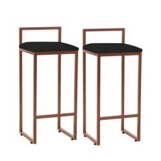 Imagem de Kit 2 Banquetas Altas Industrial Em Aço Jade Cobre Assento Suede preto