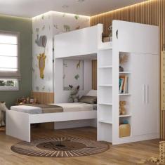 Imagem de Beliche Infantil/juvenil com Armário, Nichos e Mesa de Apoio Casatema Branco