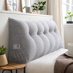 Imagem de Travesseiro triangular grande de cabeceira com bolso, almofada de cabeceira de linho para sentar na cama, almofada triangular reforçada para cabeceira macia e fofa, almofadas de sofá H-California King