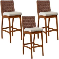 Imagem de Kit 03 Banquetas Altas Mila Marrom Linho Champagne