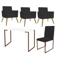 Imagem de Kit Escritório Stan 3 Poltronas Capitonê com Cadeira e Mesa Industrial Branco Bronze Suede Preto - Ahz Móveis
