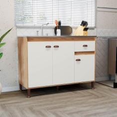 Imagem de Balcão para Pia para Cozinha 120Cm Puxador Concha Mel Off White Movelbento