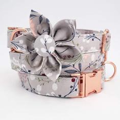 Imagem de Coleira de cachorro floral cinza, coleira de cachorro com design floral azul ajustável com fivela de liberação deslizante em ouro rosa