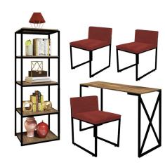 Imagem de Kit Escritório Bex 3 Cadeiras Corino Vermelho com 1 Mesa e 1 Livreiro Ferro Preto MDF Caramelo - Ahazzo Móveis