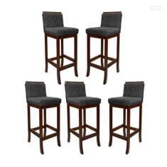 Imagem de Kit 5 Banquetas Média de Madeira Maciça Nice com Encosto Matelassê Suede Cinza CCS