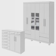 Imagem de Conjunto de Guarda-Roupa 6 Portas 4 Gavetas Zeus com Espelho e com Pés e Cômoda Toronto Branco