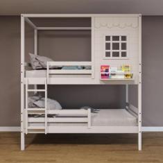 Imagem de Beliche Casinha Reta com Grade Removível Madeira Maciça Branco Housin