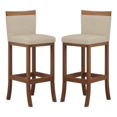 Imagem de Kit 2 Banquetas Média Encosto Estofado 38x92 Cm Ilha Paris Madeira Maciça Castanho Suede Bege CCS