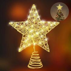 Imagem de Árvore de natal topper led oco-out estrela luzes alimentado por bateria brilhante metal treetop ornamento sazonal festival decoração de festa em casa/644 (Size : Gold)