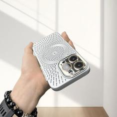 Imagem de Capa de telefone de malha de dissipação de calor respirável 12 13 14 15 pro max capa de telefone de carregamento sem fio magnético, prata, para iphone 14