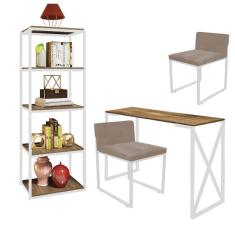 Imagem de Kit Escritório Bex 2 Cadeiras Corino Bege com 1 Mesa e 1 Livreiro Ferro Branco MDF Freijó - Ahazzo Móveis