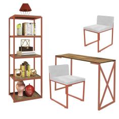Imagem de Kit Escritório Bex 2 Cadeiras Corino Branco com 1 Mesa e 1 Livreiro Ferro Bronze MDF Caramelo - Ahazzo Móveis