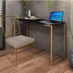 Imagem de Kit Escritório Clark Cadeira e Mesa Industrial Ferro Dourado Tampo MDF Preto Corino Bege - Ahz Móveis