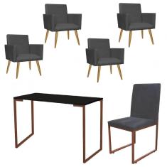 Imagem de Kit Escritório Stan 4 Poltronas com Cadeira e Mesa Industrial Tampo Preto Bronze Corino Cinza - Ahz Móveis