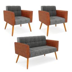 Imagem de Sofá Namoradeira E 2 Poltronas Pés Palito Castanho Elisa Nozes-linho Grafi A26 D03 - D'rossi