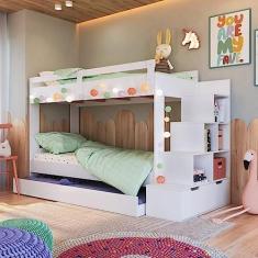 Imagem de Treliche Infantil com Escada Nichos Gavetas Laterais e Cama Auxiliar Branco