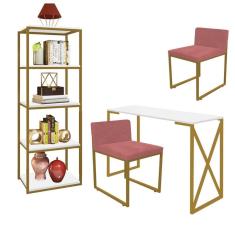 Imagem de Kit Escritório Bex 2 Cadeiras Suede Rose com 1 Mesa e 1 Livreiro Ferro Dourado MDF Branco - Ahazzo Móveis