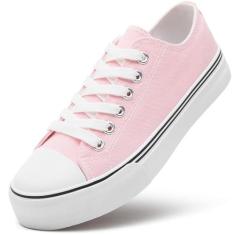 Imagem de ZGR Tênis feminino de lona de cano baixo, tênis de lona com cadarço, tênis branco casual, rosa, 36