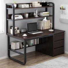 Imagem de Mesa de computador com armário e estante de livros, mesa de escritório em casa com 3 gavetas, mesa de trabalho industrial, estação de trabalho para casa e escritório (47 polegadas, branca), nogueira