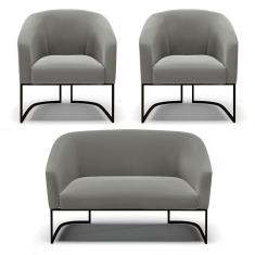 Imagem de Sofá Namoradeira E 2 Poltronas Base Industrial Preto Stella Suede D03 - D'rossi Cor Grafite