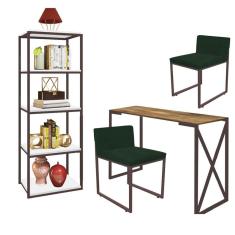 Imagem de Kit Escritório Bex 2 Cadeiras Suede Verde com 1 Mesa e 1 Livreiro Ferro Marrom MDF Caramelo - Ahazzo Móveis