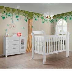 Imagem de Quarto de Bebê Cômoda 4 Gavetas com Fraldário Ariel Berço 3 em 1 Lila 