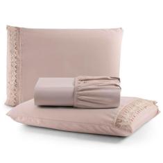 Imagem de Jogo Cama Lençol Haia Casal Padrão Percal 200 Fios 100% Algodão Guipir Bordado Inglês 3 Peças - Avelã