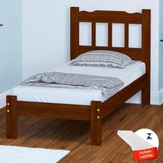 Imagem de Cama De Solteiro Castanho Madeira Maciça Com Colchão Perola Nemargi