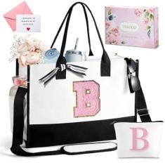 Imagem de TRSODD Bolsa de praia floral com bolsa de maquiagem, bolsa can-vas mono-grama para mulheres com bolso interno, bolso lateral, alça de ombro, caixa de presente, cartão, presentes personalizados para
