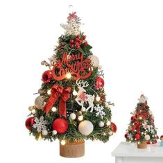 Imagem de Árvore de Natal de mesa,Árvore de Natal artificial - Pequena árvore com estrela, luzes de corda e enfeites,Árvore verde de 17,7 polegadas para mesa, mesa, decoração de Natal