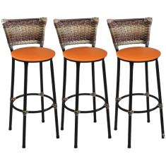 Imagem de Kit 3 Banquetas Médias Preta com Encosto Junco Capuccino Assento Laranja