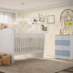 Imagem de Quarto de Bebê Completo Cômoda 4 Gavetas com Berço Céu Móveis Percasa Branco/Azul