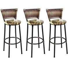 Imagem de Kit 3 Banquetas Alta  Junco Capuccino Com Assento Floral Marrom Fortmix