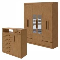 Imagem de Conjunto de Guarda-Roupa 6 Portas 4 Gavetas Zeus com Espelho e Cômoda com Nicho Da Vinci Amêndoa Clean