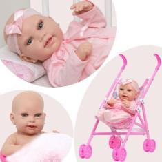 Imagem de Boneca Reborn Carequinha Recem Nascida Fofa Com Carrinho - Cegonha Reb