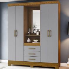 Imagem de Guarda Roupa Solteiro com Espelho 4 Portas 3 Gavetas Nápole Briz Cinza/Marrom