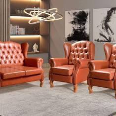 Imagem de Conjunto Imperador Sofá com Poltronas Chesterfield Decoração Retrô Vintage Caramelo