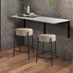 Imagem de Kit Mesa Suspensa de Parede Fixa MDF Marmorizado + 2 Banquetas Sintra Ferro Preto Suede Bege - Ahazzo Móveis