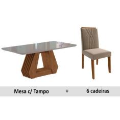Conjunto Sala de Jantar Mesa Charlote 180x90 cm e 6 Cadeiras Fernanda Off  White/Nature/Madeira/Joli
