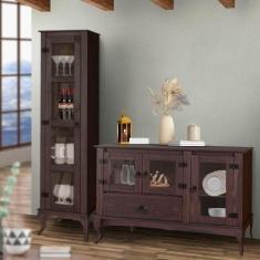 Imagem de Balcão Rústico Com Torre Portas Em Vidro Imbuia D161 E D125 Shop Jm