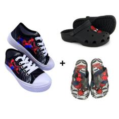 Imagem de Kit Tênis Infantil Chinelo De Dedo Babuche Personagem Homem Aranha Con