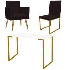 Imagem de Kit Escritório Stan 4 Poltronas Rodapé com Cadeira e Mesa Industrial Branco Dourado Corino Marrom - Ahz Móveis