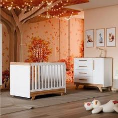 Imagem de Quarto de Bebê com Berço 2 em 1 e Cômoda 100% Mdf Kakau Retrô Espresso Móveis Branco Brilho/Amêndoa